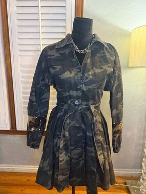 Camo Button-Front Belted Women's Dress
